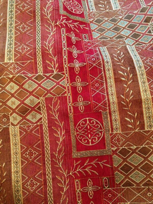 Fabric choice for a bodice red and gold vine design – Time-Period Clothing